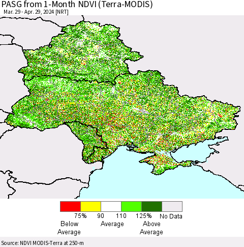 Ukraine, Moldova and Belarus PASG from 1-Month NDVI (Terra-MODIS) Thematic Map For 4/22/2024 - 4/29/2024