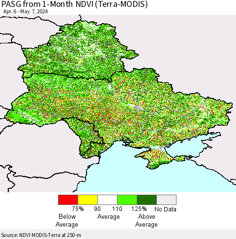 Ukraine, Moldova and Belarus PASG from 1-Month NDVI (Terra-MODIS) Thematic Map For 4/30/2024 - 5/7/2024