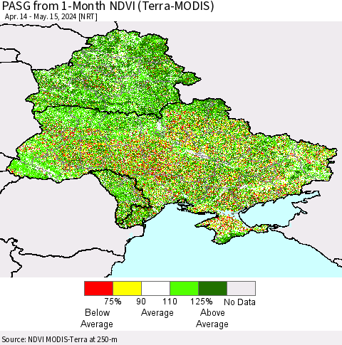 Ukraine, Moldova and Belarus PASG from 1-Month NDVI (Terra-MODIS) Thematic Map For 5/8/2024 - 5/15/2024