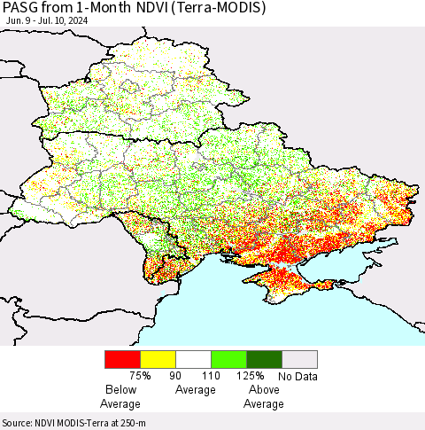 Ukraine, Moldova and Belarus PASG from 1-Month NDVI (Terra-MODIS) Thematic Map For 7/3/2024 - 7/10/2024