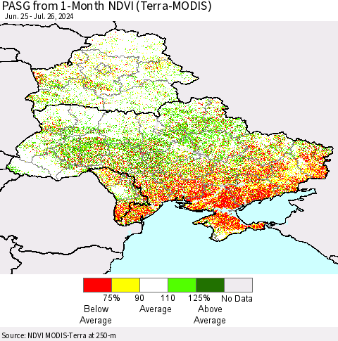 Ukraine, Moldova and Belarus PASG from 1-Month NDVI (Terra-MODIS) Thematic Map For 7/19/2024 - 7/26/2024