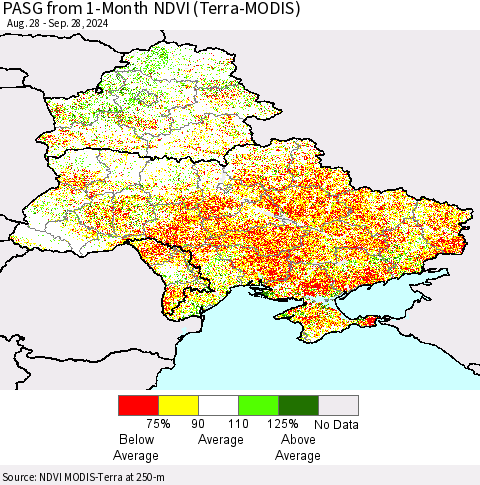 Ukraine, Moldova and Belarus PASG from 1-Month NDVI (Terra-MODIS) Thematic Map For 9/21/2024 - 9/28/2024