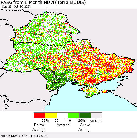 Ukraine, Moldova and Belarus PASG from 1-Month NDVI (Terra-MODIS) Thematic Map For 10/23/2024 - 10/30/2024