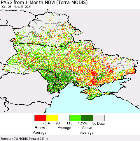 Ukraine, Moldova and Belarus PASG from 1-Month NDVI (Terra-MODIS) Thematic Map For 11/16/2024 - 11/23/2024