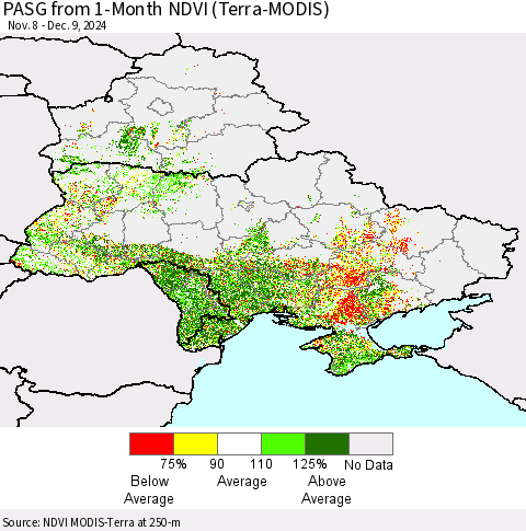 Ukraine, Moldova and Belarus PASG from 1-Month NDVI (Terra-MODIS) Thematic Map For 12/2/2024 - 12/9/2024
