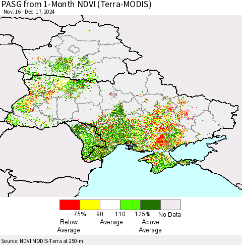 Ukraine, Moldova and Belarus PASG from 1-Month NDVI (Terra-MODIS) Thematic Map For 12/10/2024 - 12/17/2024