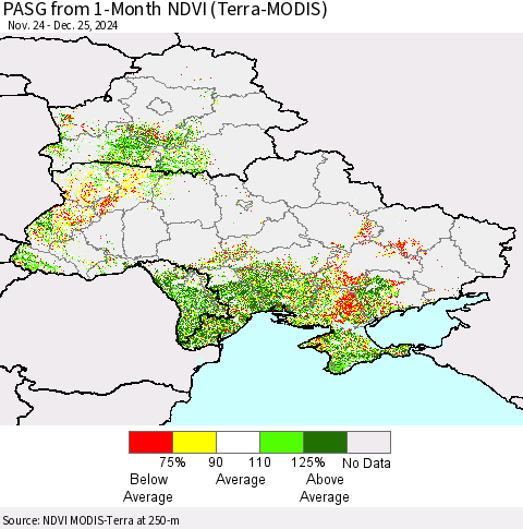Ukraine, Moldova and Belarus PASG from 1-Month NDVI (Terra-MODIS) Thematic Map For 12/18/2024 - 12/25/2024