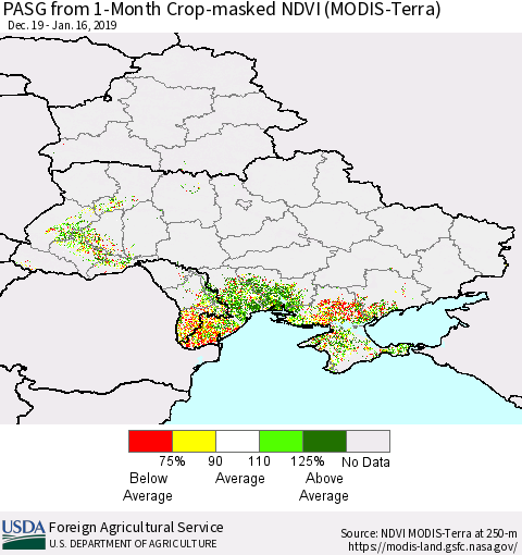Ukraine, Moldova and Belarus PASG from 1-Month Cropland NDVI (Terra-MODIS) Thematic Map For 1/11/2019 - 1/20/2019