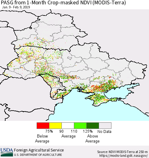 Ukraine, Moldova and Belarus PASG from 1-Month Cropland NDVI (Terra-MODIS) Thematic Map For 2/1/2019 - 2/10/2019