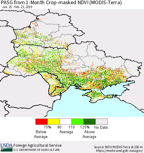 Ukraine, Moldova and Belarus PASG from 1-Month Cropland NDVI (Terra-MODIS) Thematic Map For 2/21/2019 - 2/28/2019