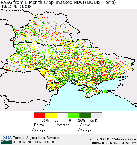 Ukraine, Moldova and Belarus PASG from 1-Month Cropland NDVI (Terra-MODIS) Thematic Map For 3/11/2019 - 3/20/2019