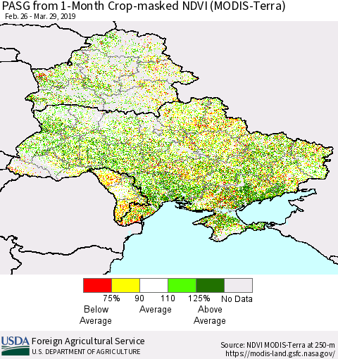 Ukraine, Moldova and Belarus PASG from 1-Month Cropland NDVI (Terra-MODIS) Thematic Map For 3/21/2019 - 3/31/2019