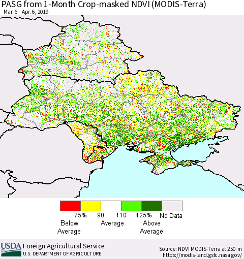 Ukraine, Moldova and Belarus PASG from 1-Month Crop-masked NDVI (MODIS-Terra) Thematic Map For 4/1/2019 - 4/10/2019