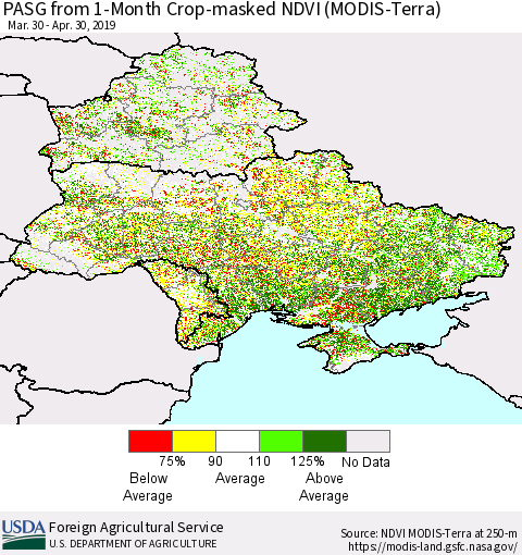 Ukraine, Moldova and Belarus PASG from 1-Month Cropland NDVI (Terra-MODIS) Thematic Map For 4/21/2019 - 4/30/2019