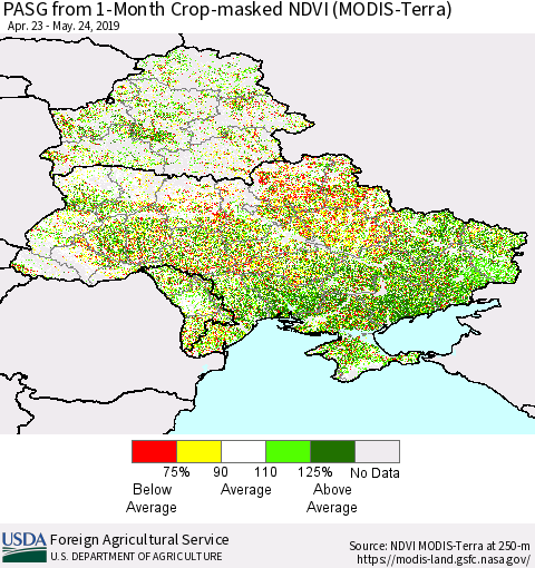 Ukraine, Moldova and Belarus PASG from 1-Month Crop-masked NDVI (MODIS-Terra) Thematic Map For 5/21/2019 - 5/31/2019