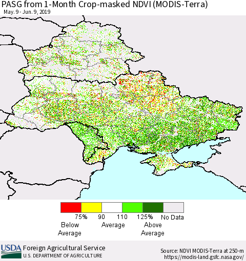 Ukraine, Moldova and Belarus PASG from 1-Month Crop-masked NDVI (MODIS-Terra) Thematic Map For 6/1/2019 - 6/10/2019