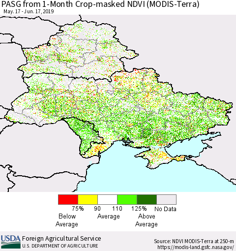 Ukraine, Moldova and Belarus PASG from 1-Month Cropland NDVI (Terra-MODIS) Thematic Map For 6/11/2019 - 6/20/2019