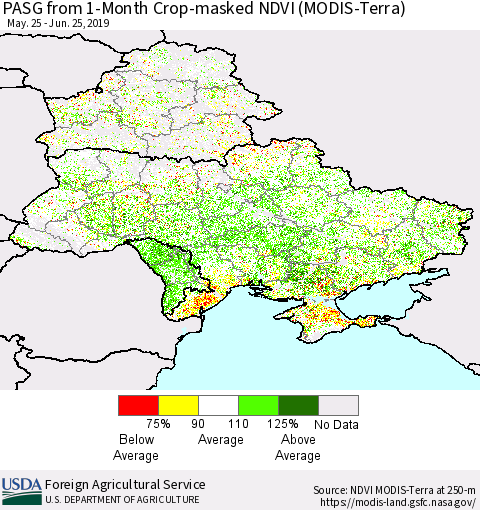 Ukraine, Moldova and Belarus PASG from 1-Month Crop-masked NDVI (MODIS-Terra) Thematic Map For 6/21/2019 - 6/30/2019