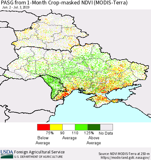 Ukraine, Moldova and Belarus PASG from 1-Month Cropland NDVI (Terra-MODIS) Thematic Map For 7/1/2019 - 7/10/2019