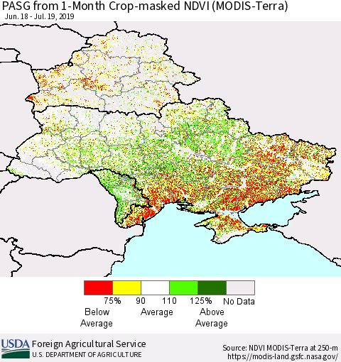 Ukraine, Moldova and Belarus PASG from 1-Month Cropland NDVI (Terra-MODIS) Thematic Map For 7/11/2019 - 7/20/2019