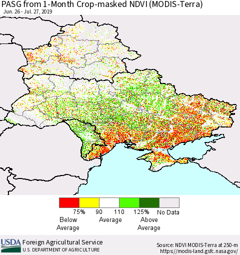 Ukraine, Moldova and Belarus PASG from 1-Month Cropland NDVI (Terra-MODIS) Thematic Map For 7/21/2019 - 7/31/2019