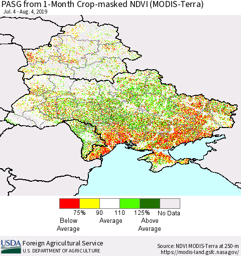Ukraine, Moldova and Belarus PASG from 1-Month Cropland NDVI (Terra-MODIS) Thematic Map For 8/1/2019 - 8/10/2019