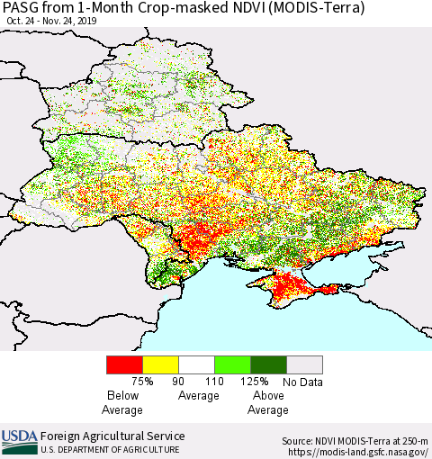 Ukraine, Moldova and Belarus PASG from 1-Month Crop-masked NDVI (MODIS-Terra) Thematic Map For 11/21/2019 - 11/30/2019