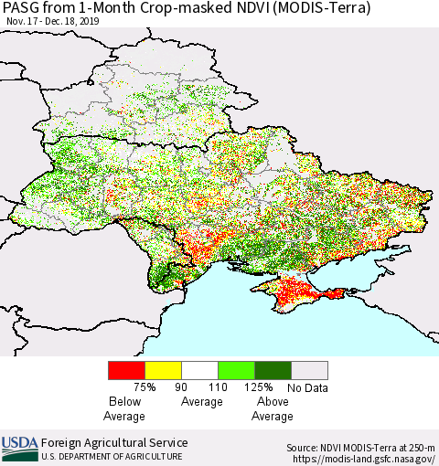 Ukraine, Moldova and Belarus PASG from 1-Month Cropland NDVI (Terra-MODIS) Thematic Map For 12/11/2019 - 12/20/2019