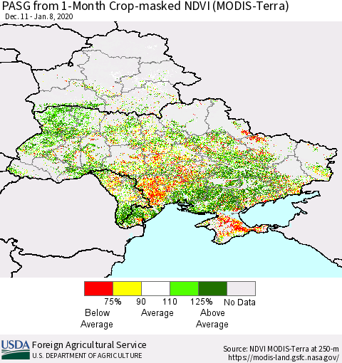 Ukraine, Moldova and Belarus PASG from 1-Month Cropland NDVI (Terra-MODIS) Thematic Map For 1/1/2020 - 1/10/2020