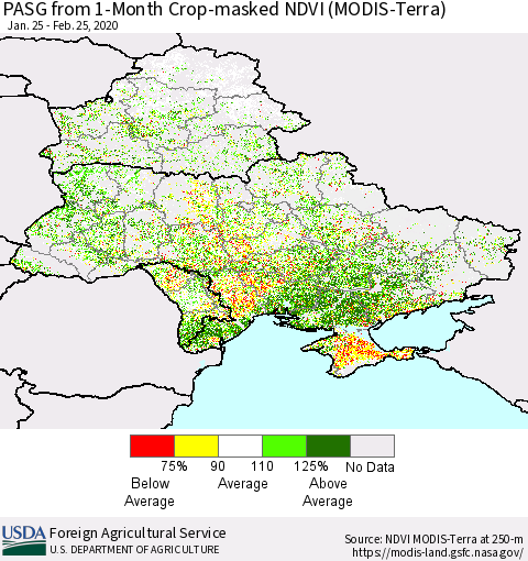 Ukraine, Moldova and Belarus PASG from 1-Month Cropland NDVI (Terra-MODIS) Thematic Map For 2/21/2020 - 2/29/2020