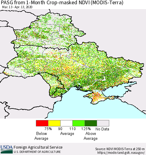 Ukraine, Moldova and Belarus PASG from 1-Month Cropland NDVI (Terra-MODIS) Thematic Map For 4/11/2020 - 4/20/2020