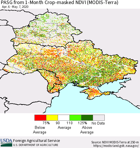 Ukraine, Moldova and Belarus PASG from 1-Month Cropland NDVI (Terra-MODIS) Thematic Map For 5/1/2020 - 5/10/2020