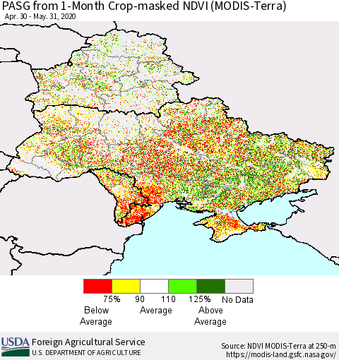 Ukraine, Moldova and Belarus PASG from 1-Month Cropland NDVI (Terra-MODIS) Thematic Map For 5/21/2020 - 5/31/2020