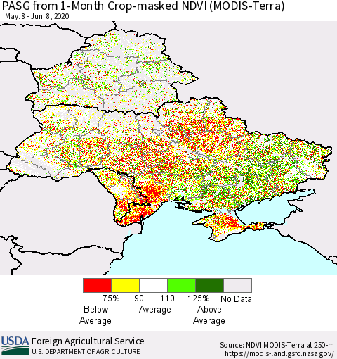 Ukraine, Moldova and Belarus PASG from 1-Month Cropland NDVI (Terra-MODIS) Thematic Map For 6/1/2020 - 6/10/2020