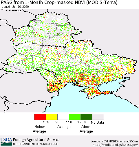 Ukraine, Moldova and Belarus PASG from 1-Month Cropland NDVI (Terra-MODIS) Thematic Map For 7/1/2020 - 7/10/2020
