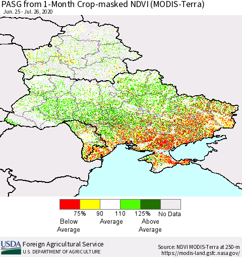 Ukraine, Moldova and Belarus PASG from 1-Month Cropland NDVI (Terra-MODIS) Thematic Map For 7/21/2020 - 7/31/2020