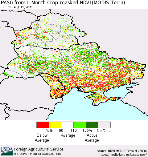 Ukraine, Moldova and Belarus PASG from 1-Month Cropland NDVI (Terra-MODIS) Thematic Map For 8/11/2020 - 8/20/2020