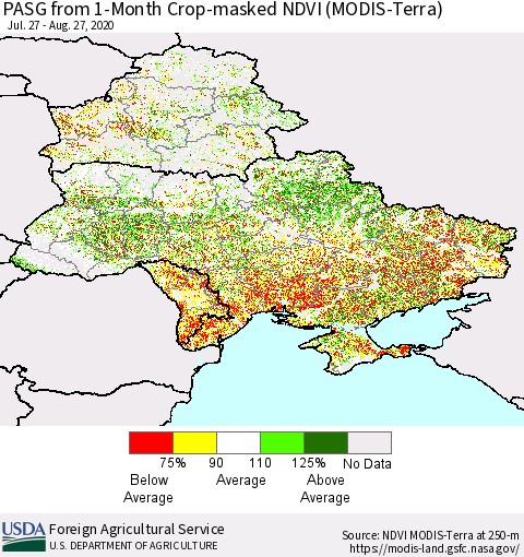 Ukraine, Moldova and Belarus PASG from 1-Month Cropland NDVI (Terra-MODIS) Thematic Map For 8/21/2020 - 8/31/2020