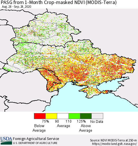 Ukraine, Moldova and Belarus PASG from 1-Month Cropland NDVI (Terra-MODIS) Thematic Map For 9/21/2020 - 9/30/2020