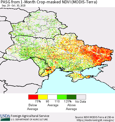 Ukraine, Moldova and Belarus PASG from 1-Month Cropland NDVI (Terra-MODIS) Thematic Map For 10/21/2020 - 10/31/2020