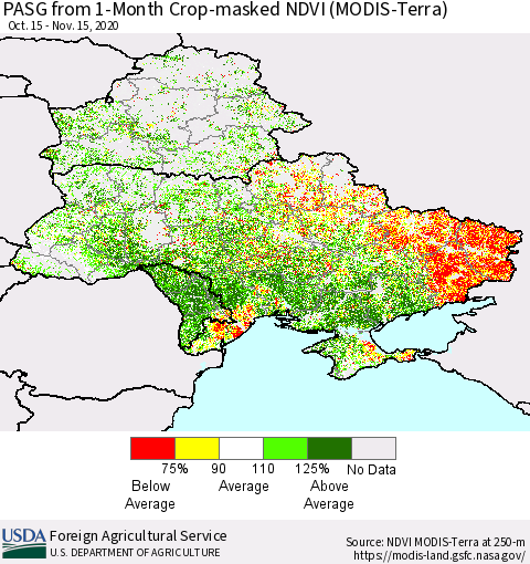 Ukraine, Moldova and Belarus PASG from 1-Month Cropland NDVI (Terra-MODIS) Thematic Map For 11/11/2020 - 11/20/2020