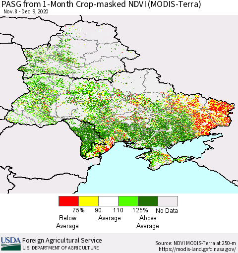 Ukraine, Moldova and Belarus PASG from 1-Month Cropland NDVI (Terra-MODIS) Thematic Map For 12/1/2020 - 12/10/2020