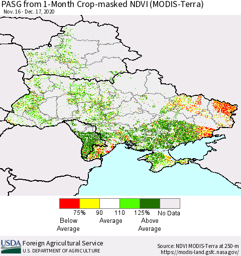 Ukraine, Moldova and Belarus PASG from 1-Month Cropland NDVI (Terra-MODIS) Thematic Map For 12/11/2020 - 12/20/2020