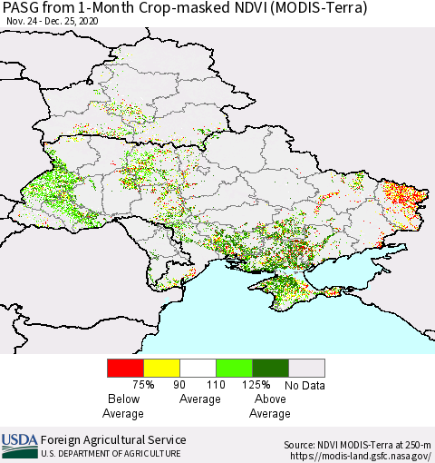 Ukraine, Moldova and Belarus PASG from 1-Month Cropland NDVI (Terra-MODIS) Thematic Map For 12/21/2020 - 12/31/2020
