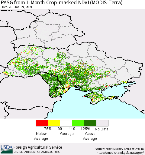 Ukraine, Moldova and Belarus PASG from 1-Month Cropland NDVI (Terra-MODIS) Thematic Map For 1/21/2021 - 1/31/2021