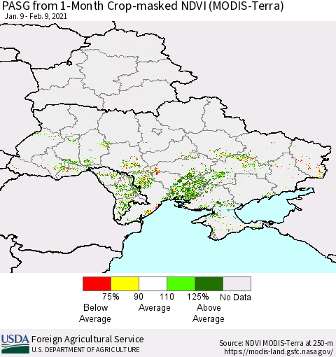 Ukraine, Moldova and Belarus PASG from 1-Month Cropland NDVI (Terra-MODIS) Thematic Map For 2/1/2021 - 2/10/2021