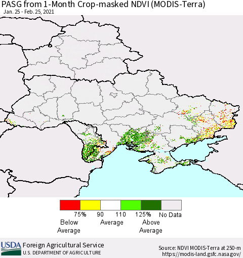Ukraine, Moldova and Belarus PASG from 1-Month Cropland NDVI (Terra-MODIS) Thematic Map For 2/21/2021 - 2/28/2021