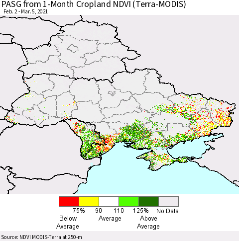 Ukraine, Moldova and Belarus PASG from 1-Month Cropland NDVI (Terra-MODIS) Thematic Map For 2/26/2021 - 3/5/2021