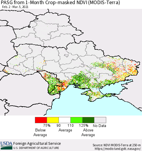 Ukraine, Moldova and Belarus PASG from 1-Month Cropland NDVI (Terra-MODIS) Thematic Map For 3/1/2021 - 3/10/2021