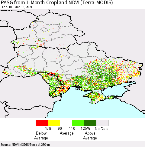 Ukraine, Moldova and Belarus PASG from 1-Month Cropland NDVI (Terra-MODIS) Thematic Map For 3/6/2021 - 3/13/2021